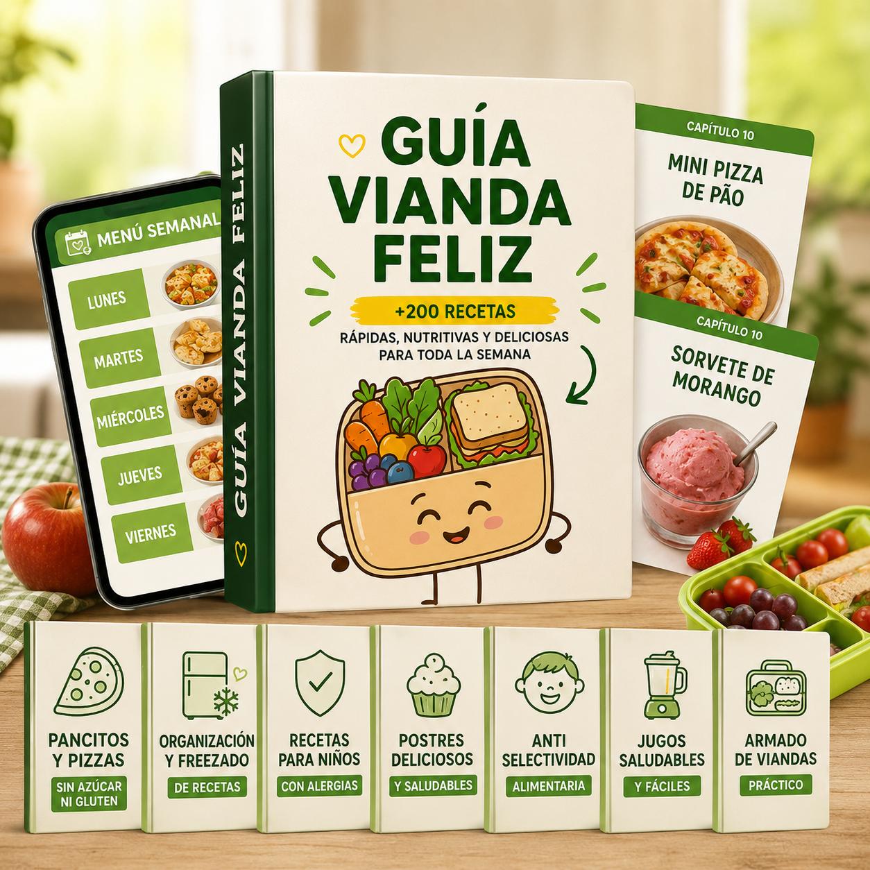 Guía Vianda Feliz 🍱 🥗 Loncheras saludables, rápidas y deliciosas ⏱️ Listas en menos de 15 minutos + 🎁 10 Bonos y 1 Regalo Exclusivo 🎁